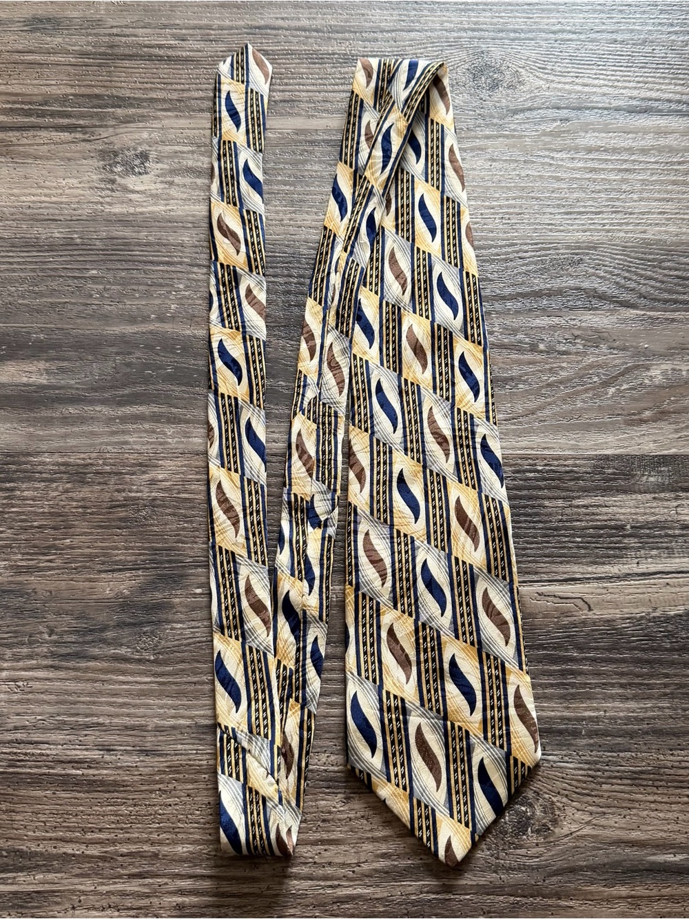 Vintage Easton Beige Blue Brown Black Geometric Woven 100% Silk Pointed Tie